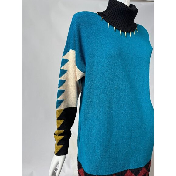 Vintage Steve Fabrikant Neiman Marcus Wool & Rayon Medium Sweater Dress With Geo - Picture 12 of 16